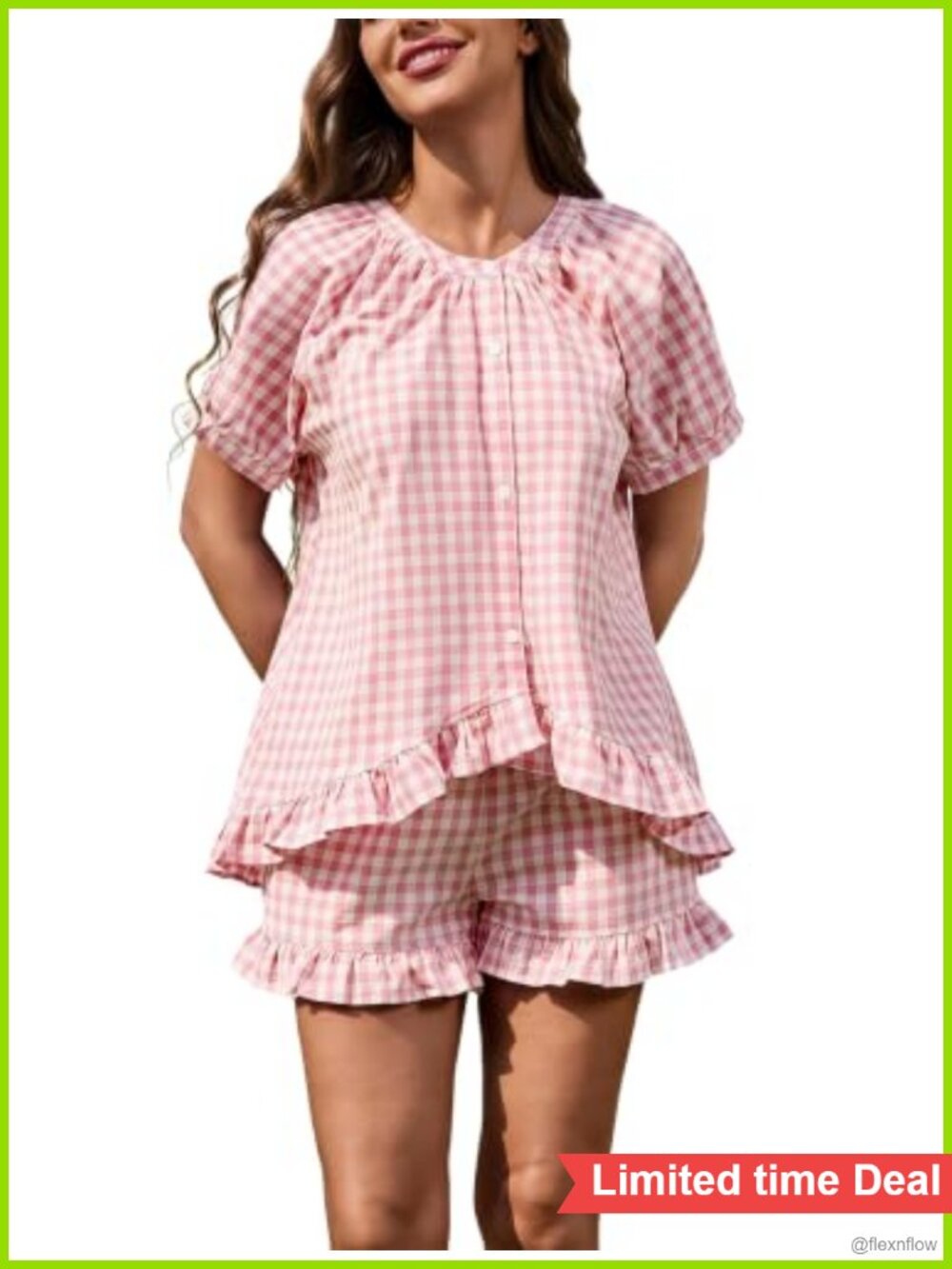 Womens 100% Cotton Gingham Pajama Set Ruffle Loungewear Short Sleeve